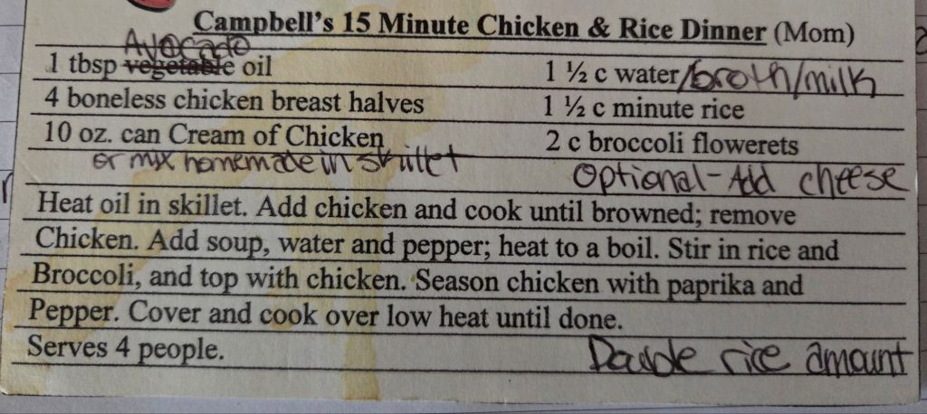 Recipe card for chicken and rice dinner