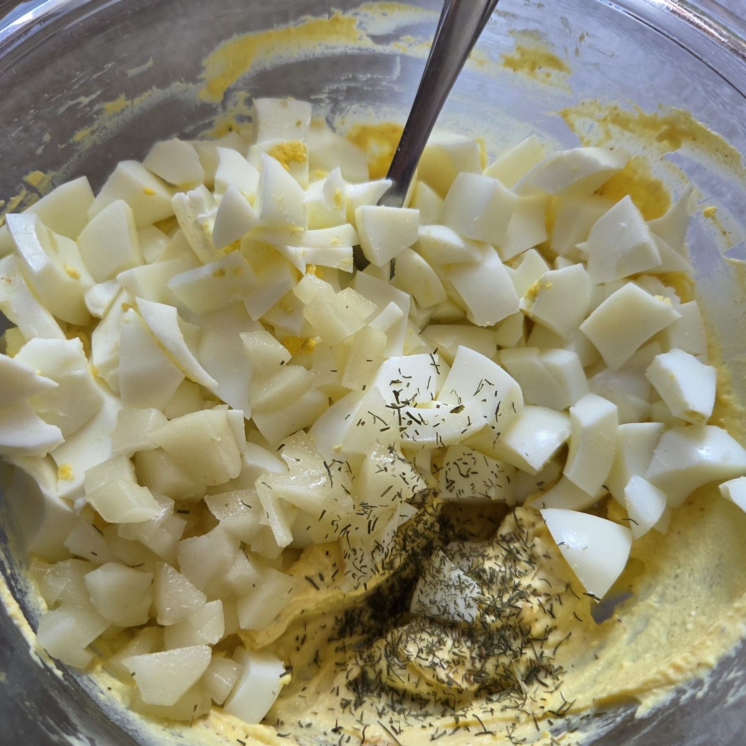 Add egg whites, pickles, and seasonings to the bowl